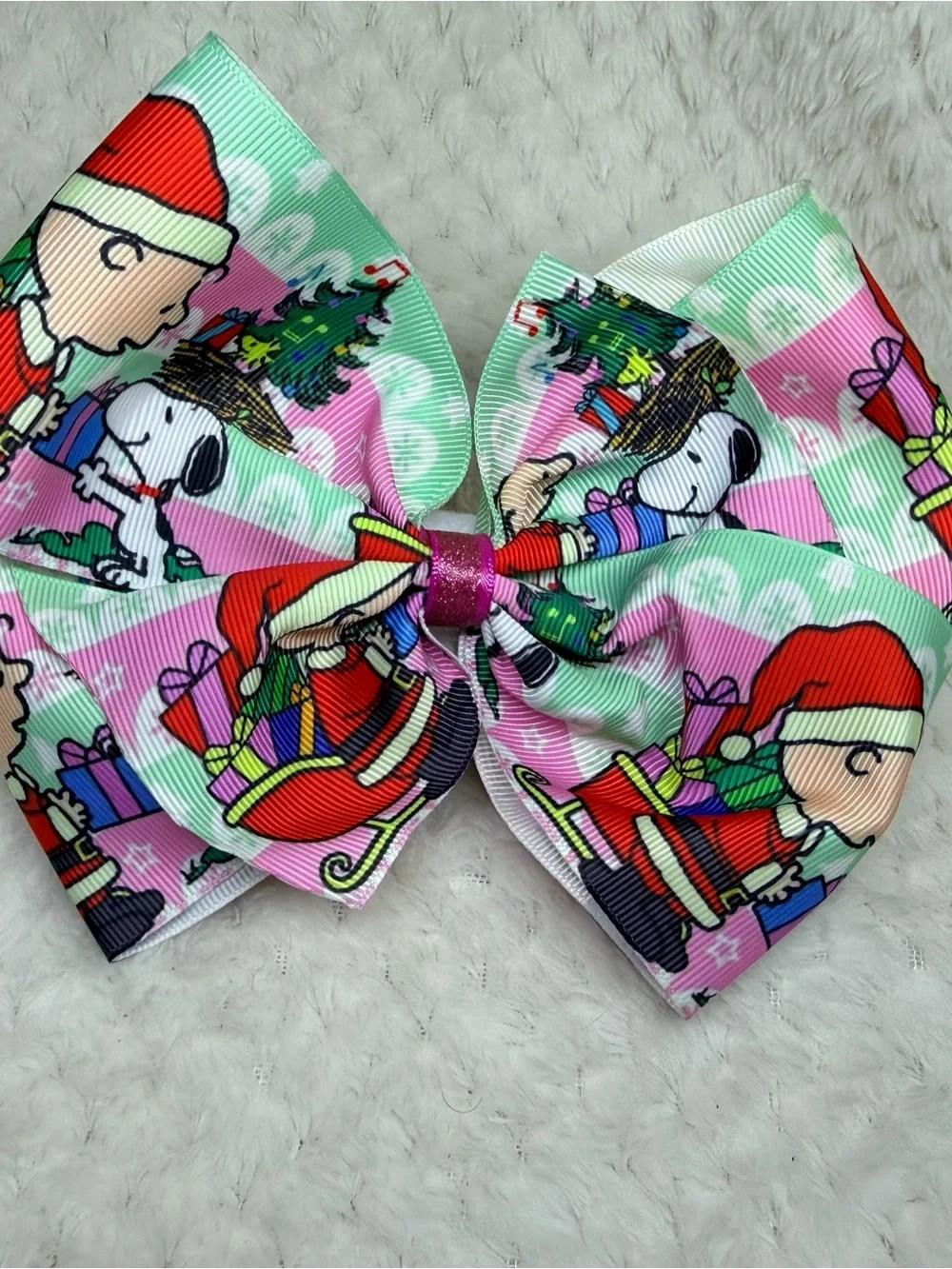 Peanuts Snoopy Christmas Bow - Pink & Mint Holiday Hair Bow